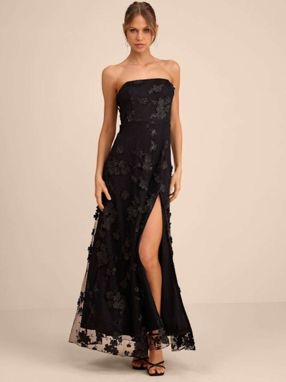Lulus Rare Presence Black 3d Floral Embroidered Maxi Dress - Size M